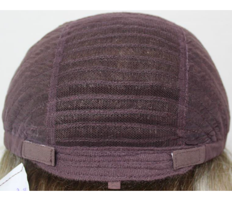 Purple wig cap with mesh back on a white background