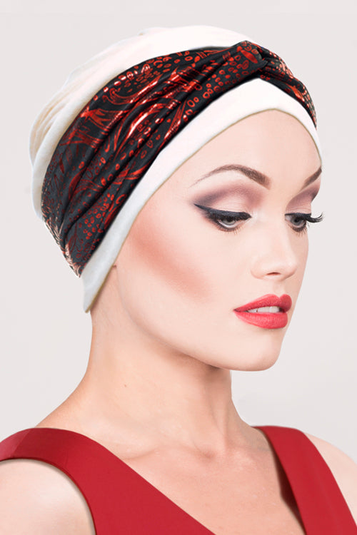 Anna Wrap Headband in Metallic Red Circles - Headwear by Hairworld