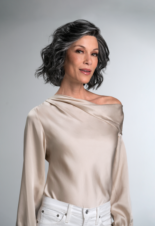 January wig by Jon Renau in the colour Peppercorn. Lace front mono top synthetic wig.